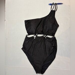 ENVYA swimwear one piece black shimmer sparkle, size large, one shoulder, used